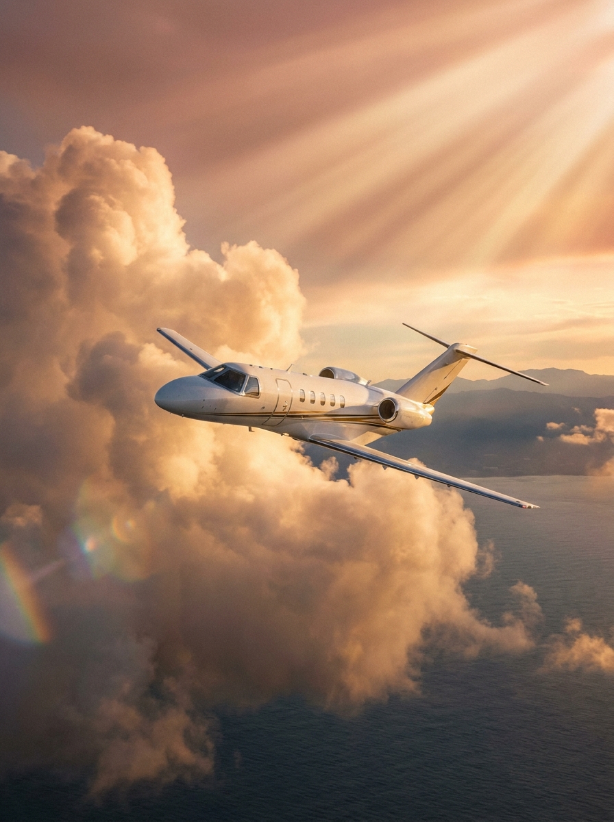 Citation CJ4 private jet in golden-hour sky