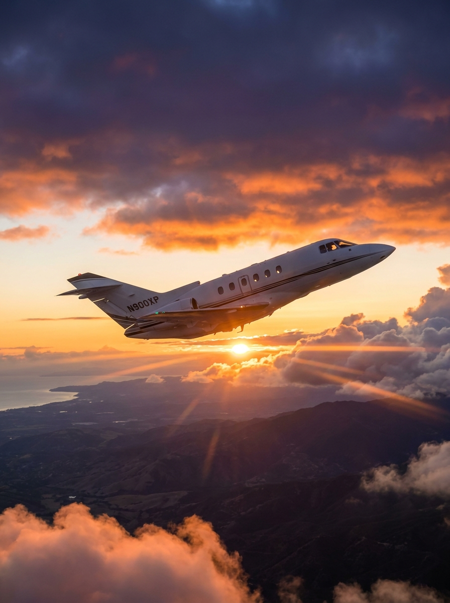 Hawker 900XP midsize jet through sunset clouds