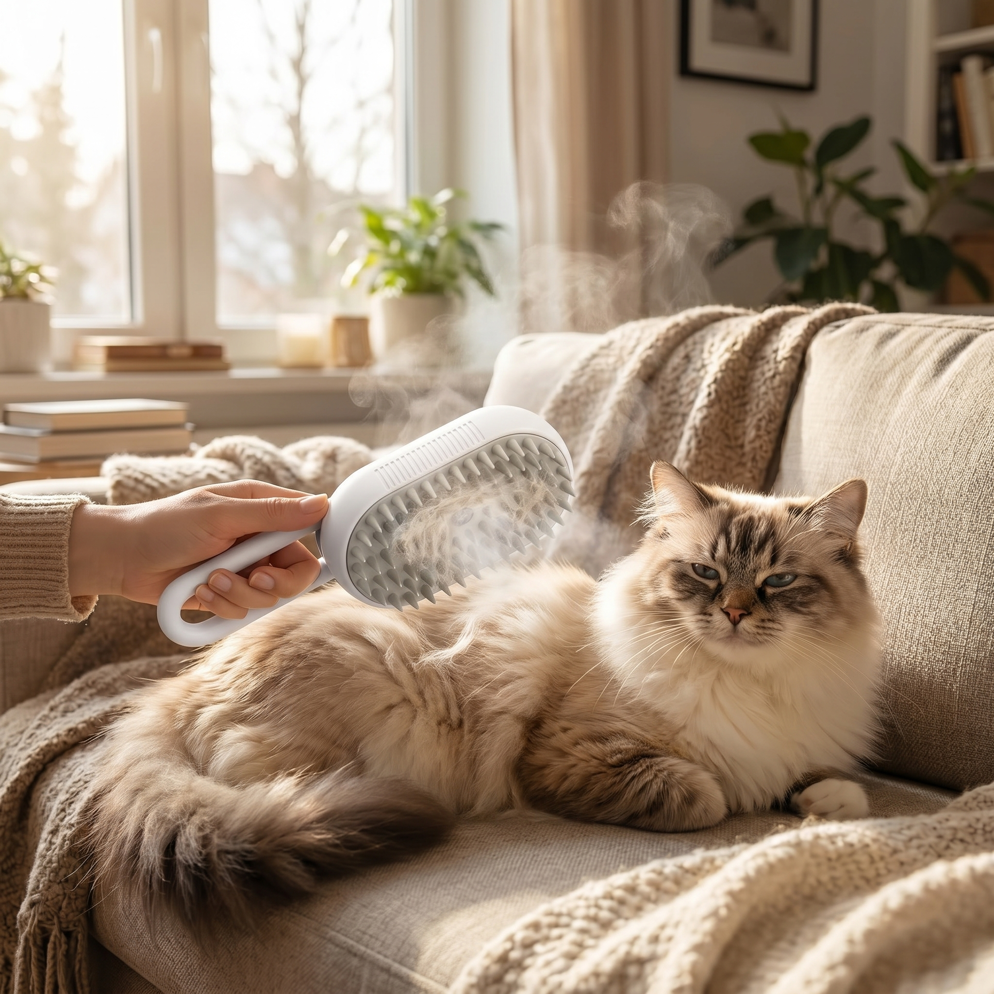 White steam brush grooming a cat at home