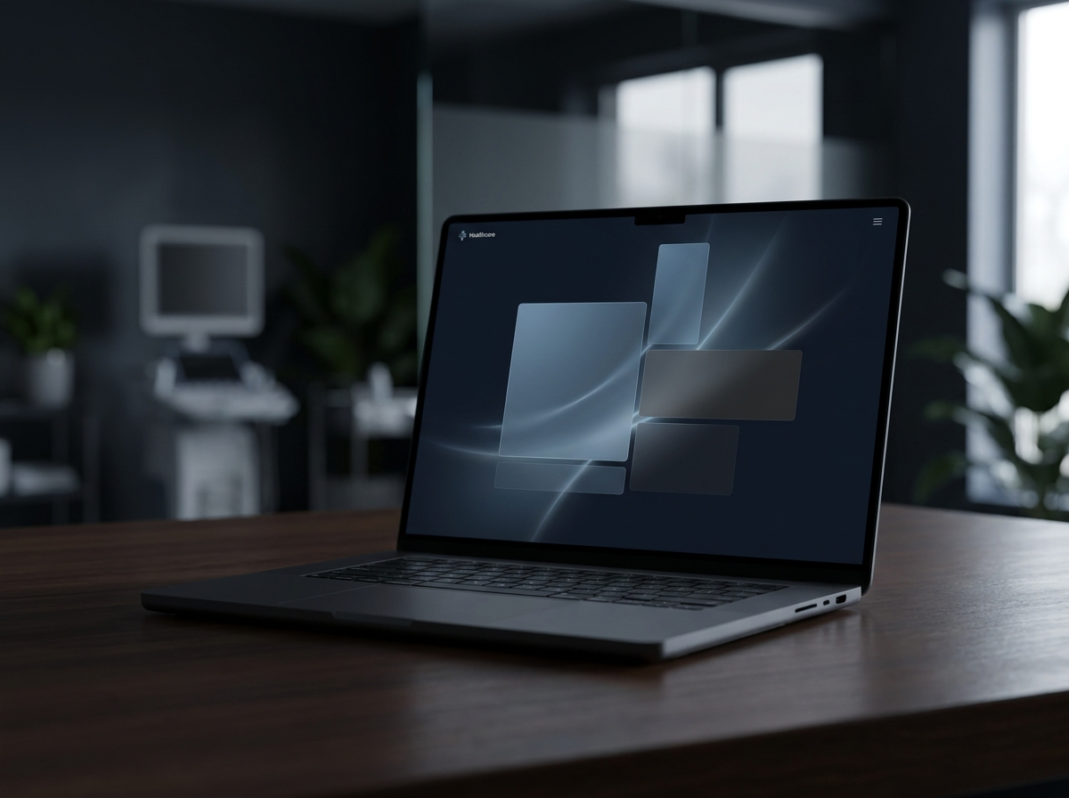 A premium healthcare website on a laptop in a modern medical office