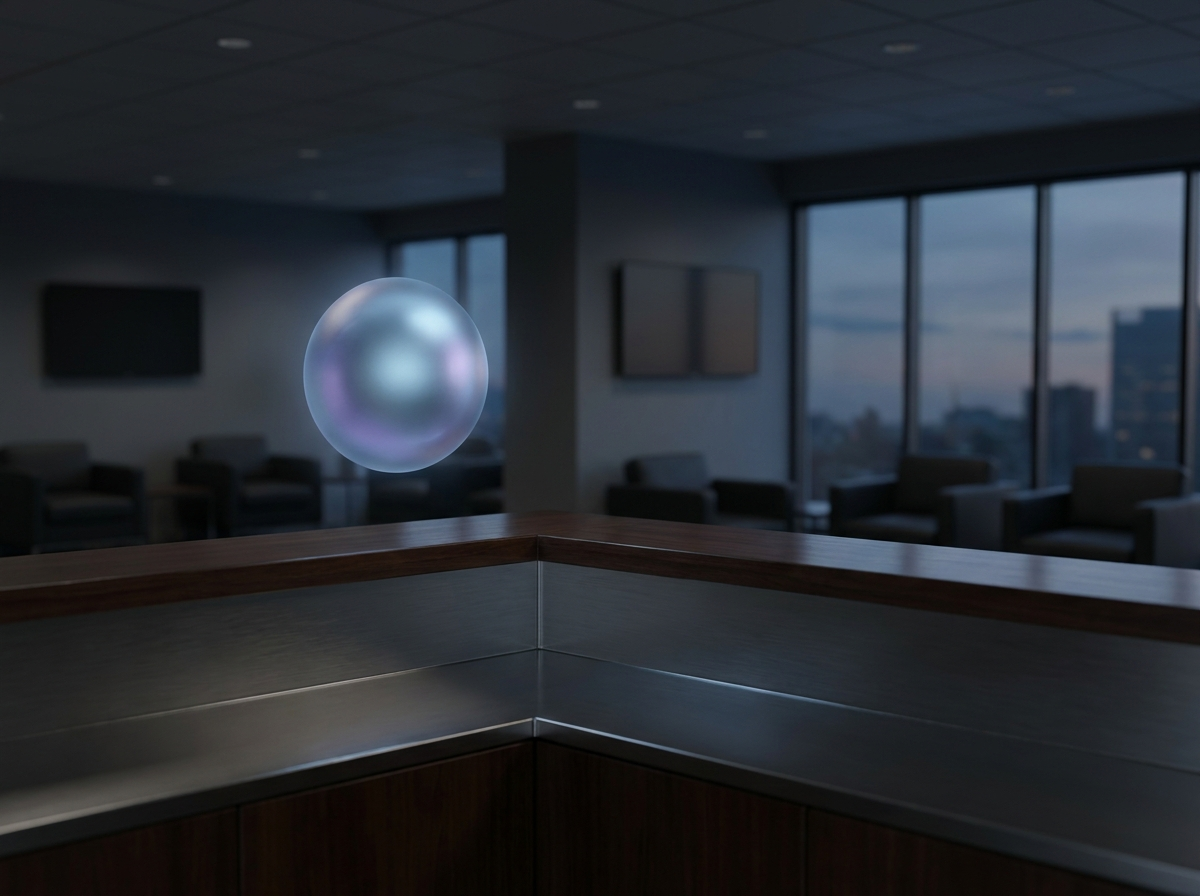 A glowing AI assistant orb above a modern medical front desk