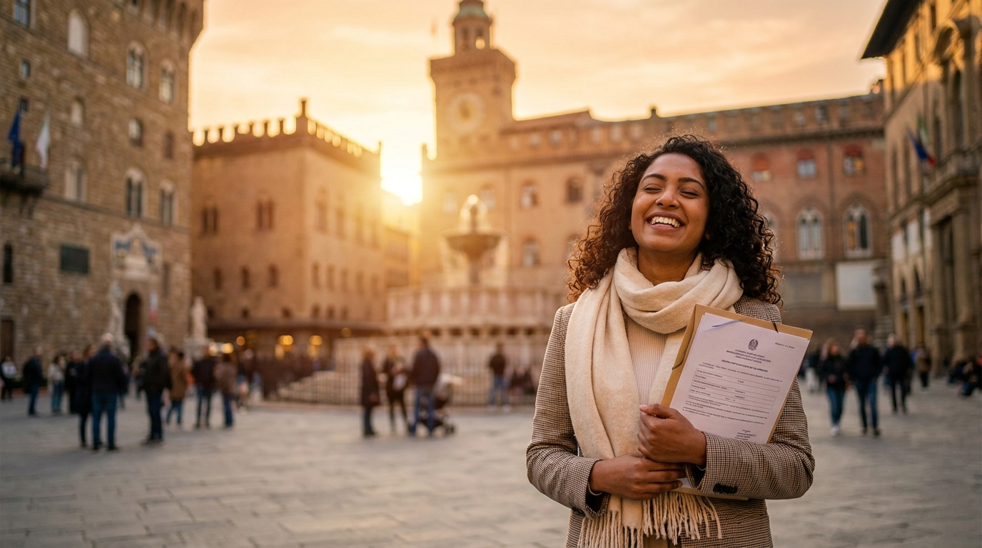 Donna srilankese in una piazza italiana con documenti, luce calda del sole