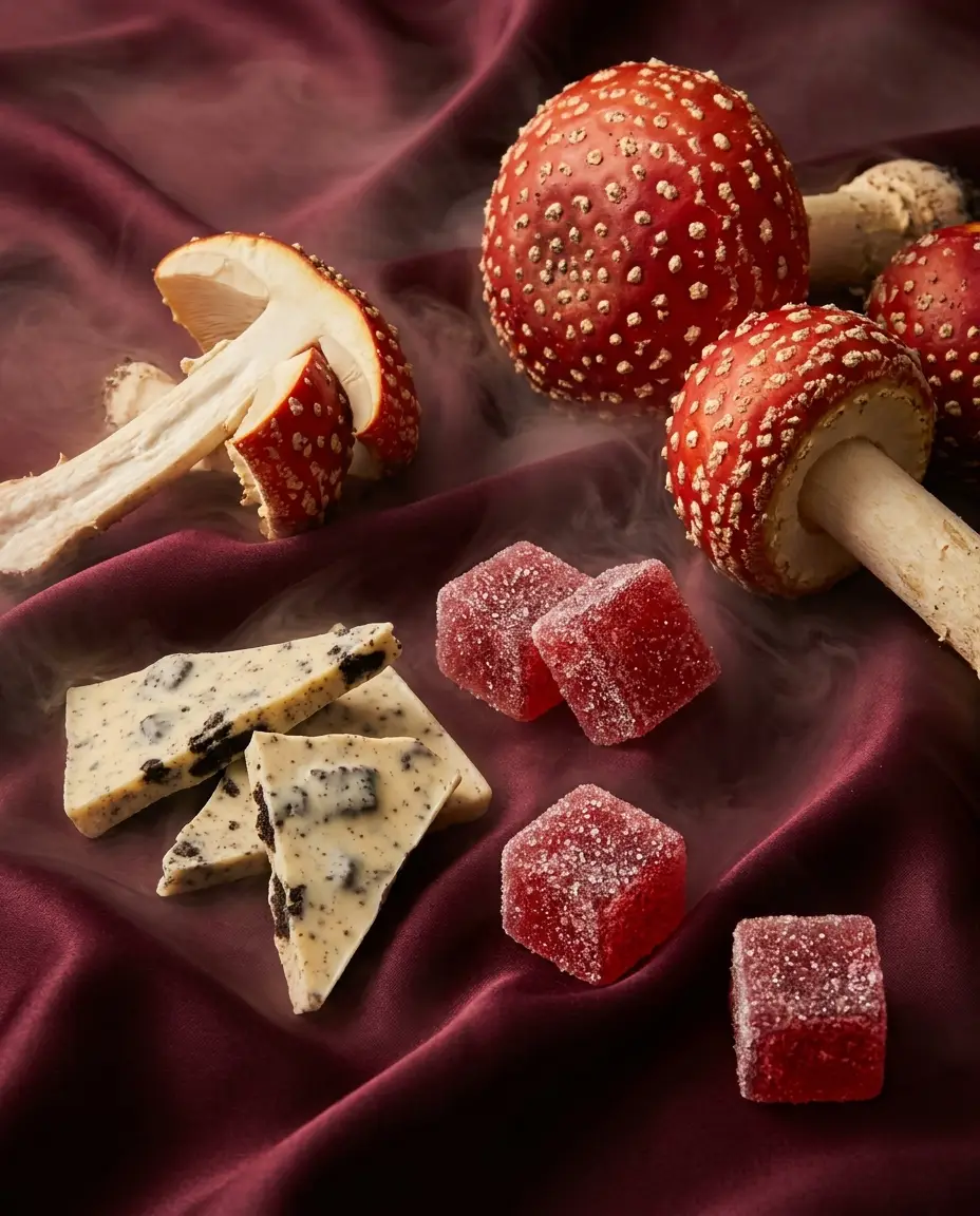 Amanita mushrooms, cookies-and-cream chocolate and sugar-dusted watermelon gummies on burgundy silk