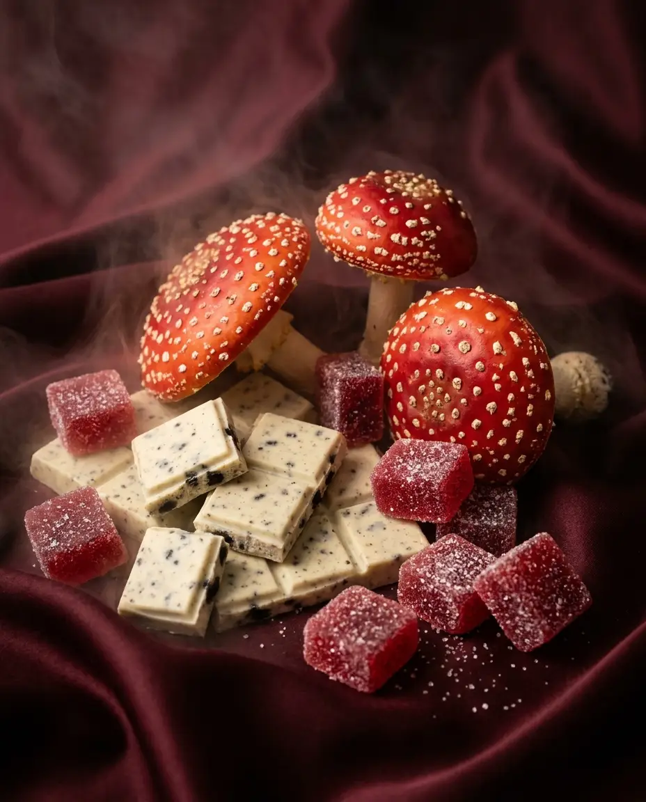 Amanita Muscaria mushrooms with cookies-and-cream chocolate and sugar-dusted watermelon gummy cubes on burgundy silk