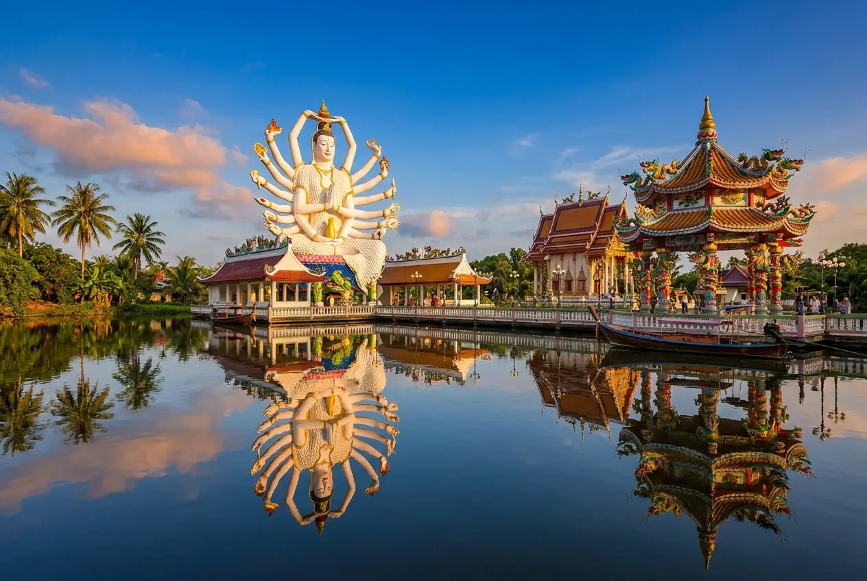 The 18-arm Guanyin statue reflected in the lake at Wat Plai Laem, Koh Samui