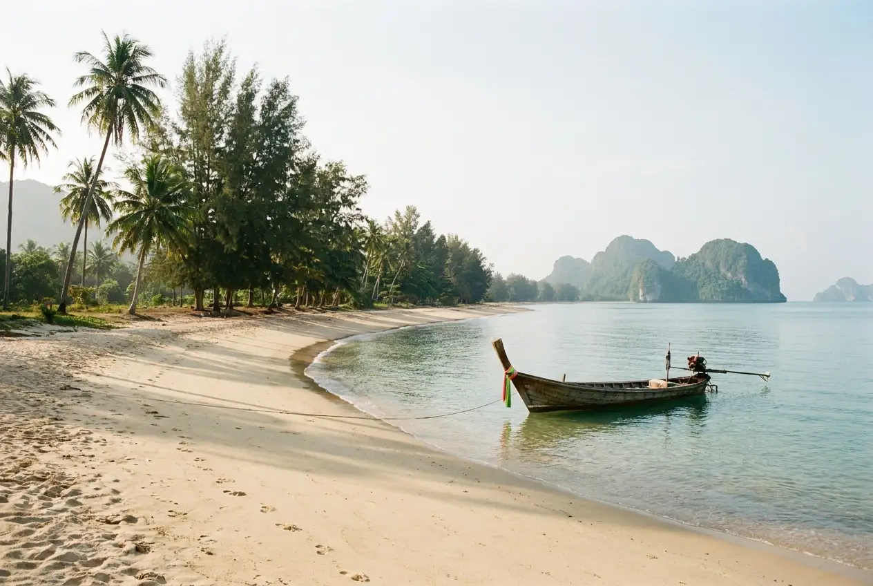 Empty golden beach with a longtail boat at Khanom on Thailand's mainland coast