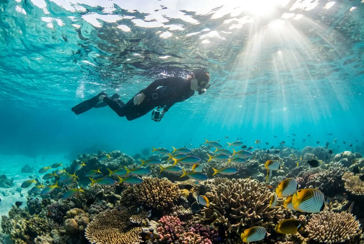 Snorkeler over a shallow coral reef with tropical fish in clear water at Koh Tao