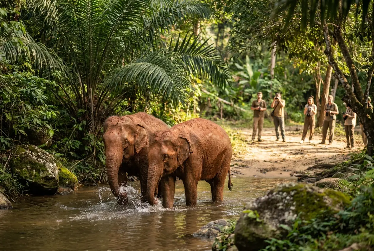 Elephants standing free in a shallow river at a sanctuary in Thailand, without saddle or chains