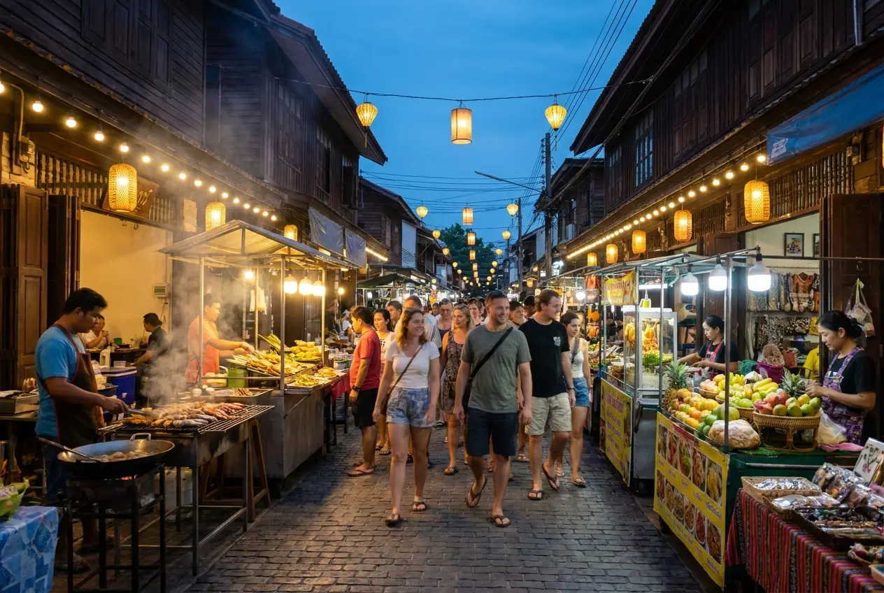 Stands de nourriture et lanternes au marché de nuit de Fisherman's Village à Bophut, Koh Samui