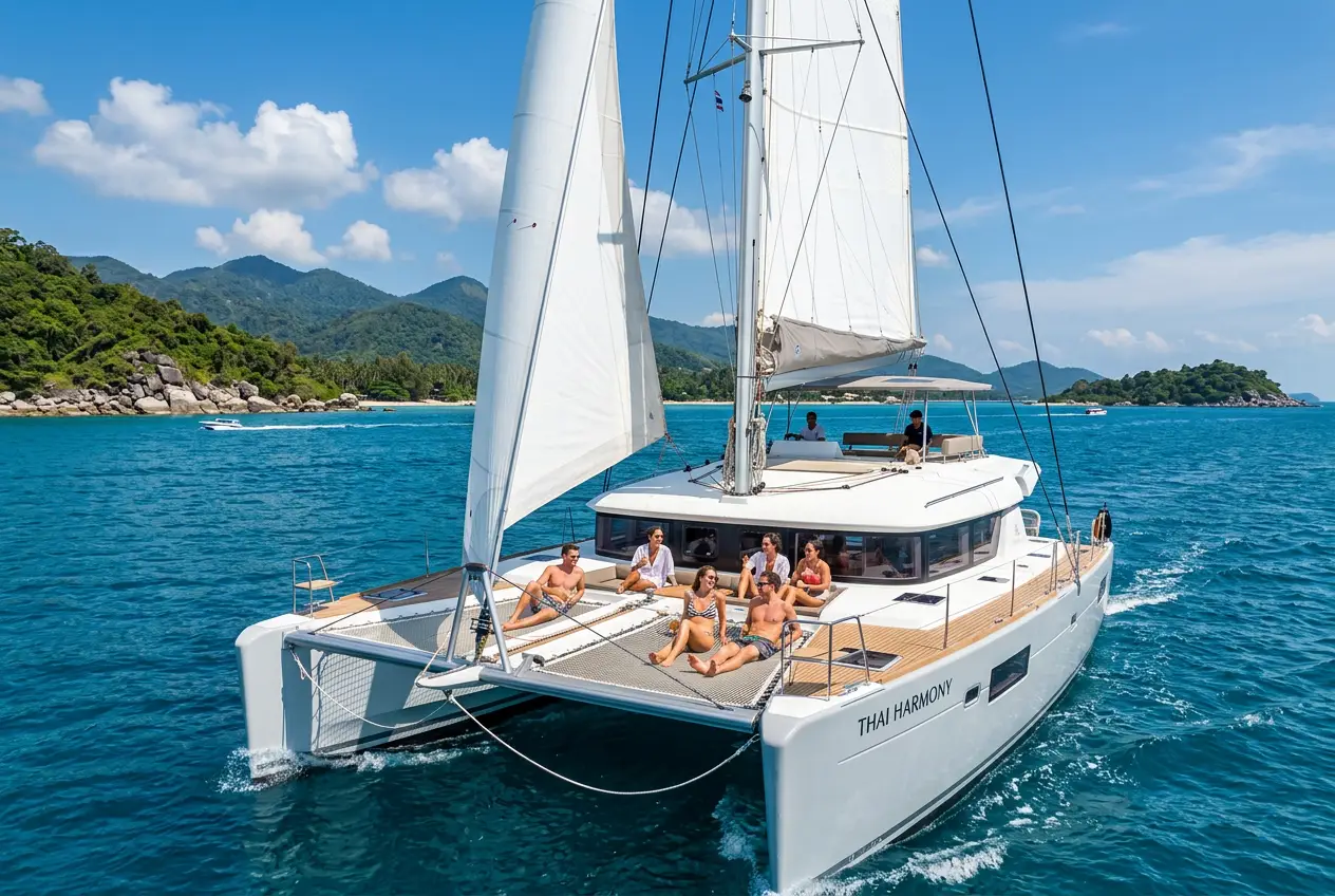 Large sailing catamaran under full sail with guests on the trampoline nets near Koh Samui
