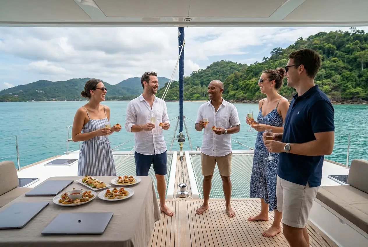 Équipe d'entreprise lors d'une journée incentive sur un catamaran à voile près de Koh Samui