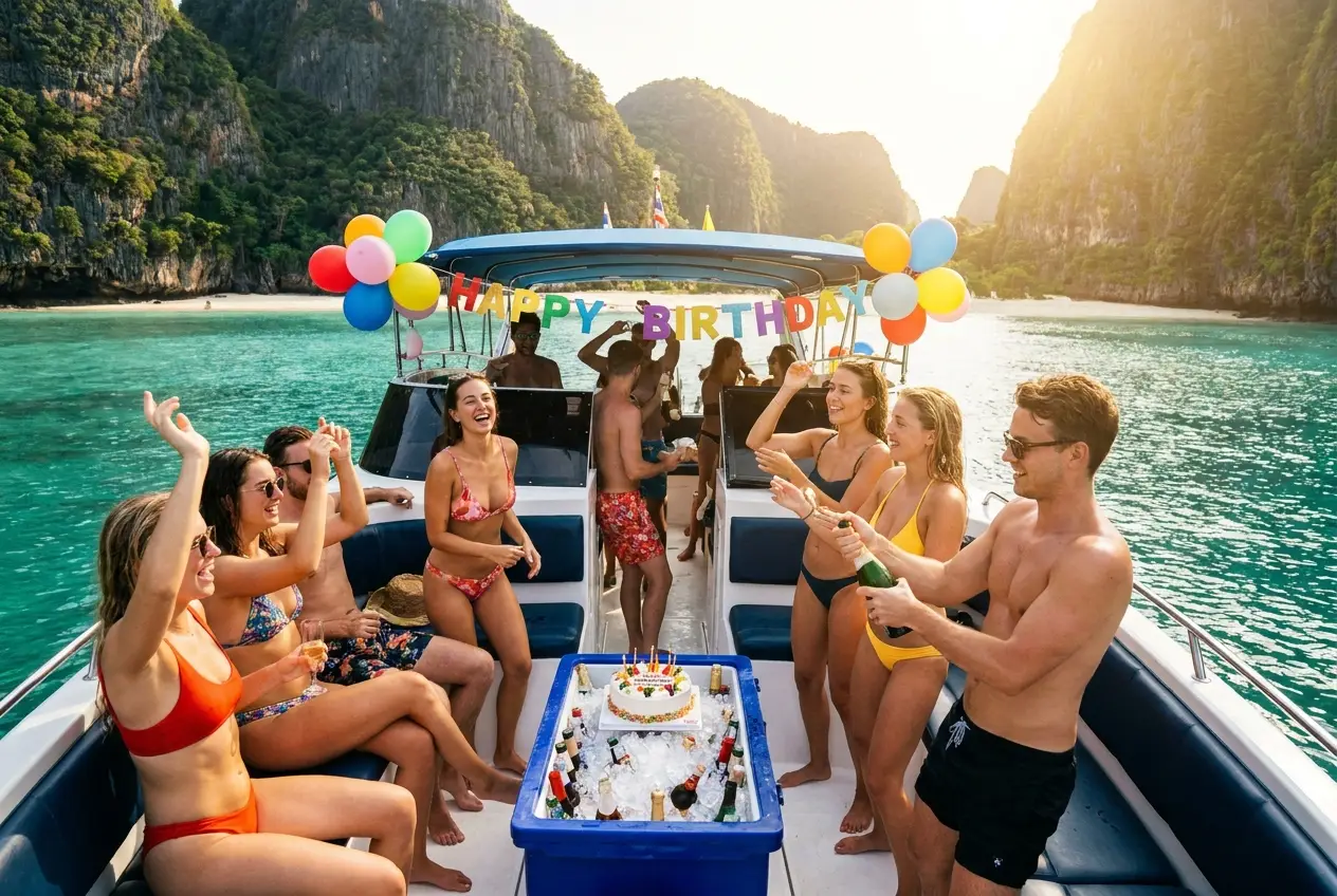 Groupe d'amis fêtant un anniversaire avec ballons et gâteau sur un speedboat privé près de Koh Samui