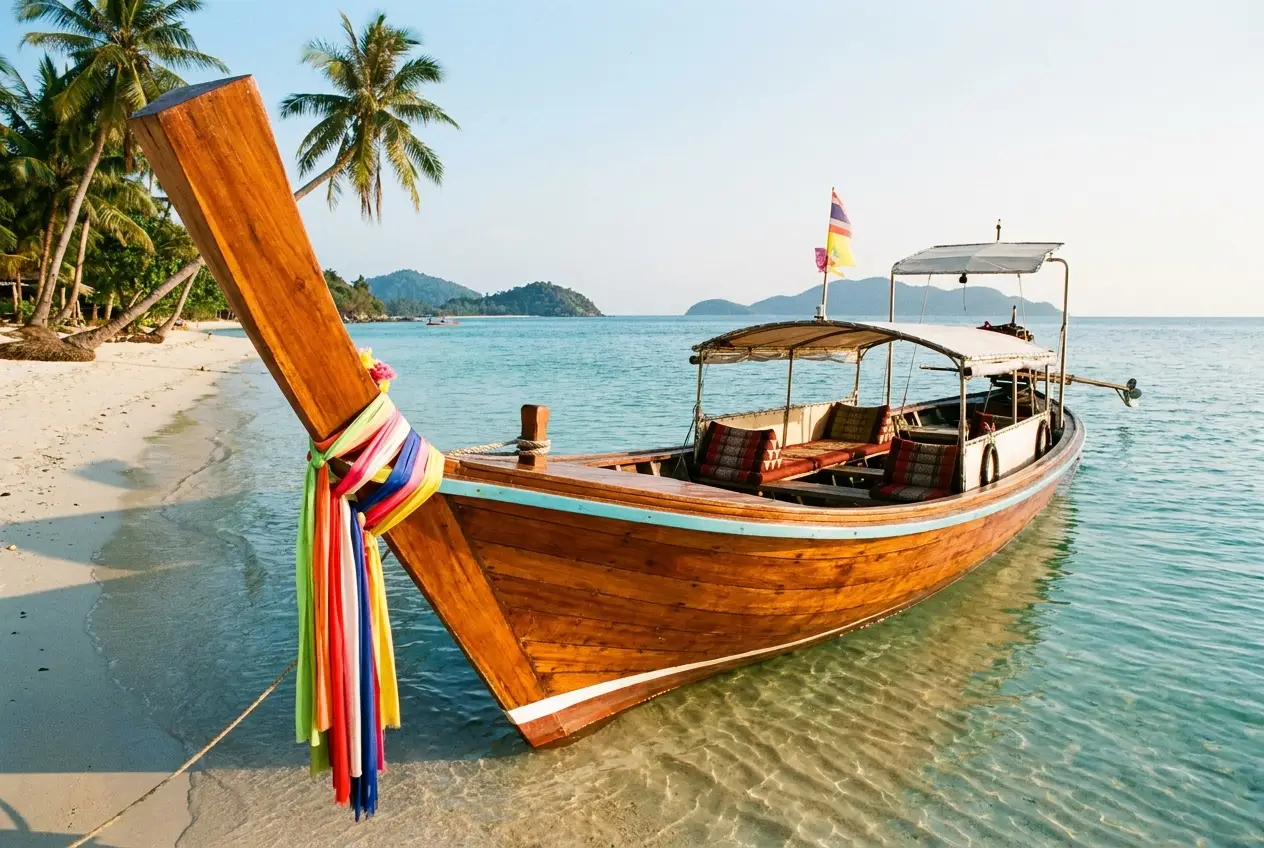 Traditional Thai longtail boat with colourful ribbons moored on a Koh Samui beach