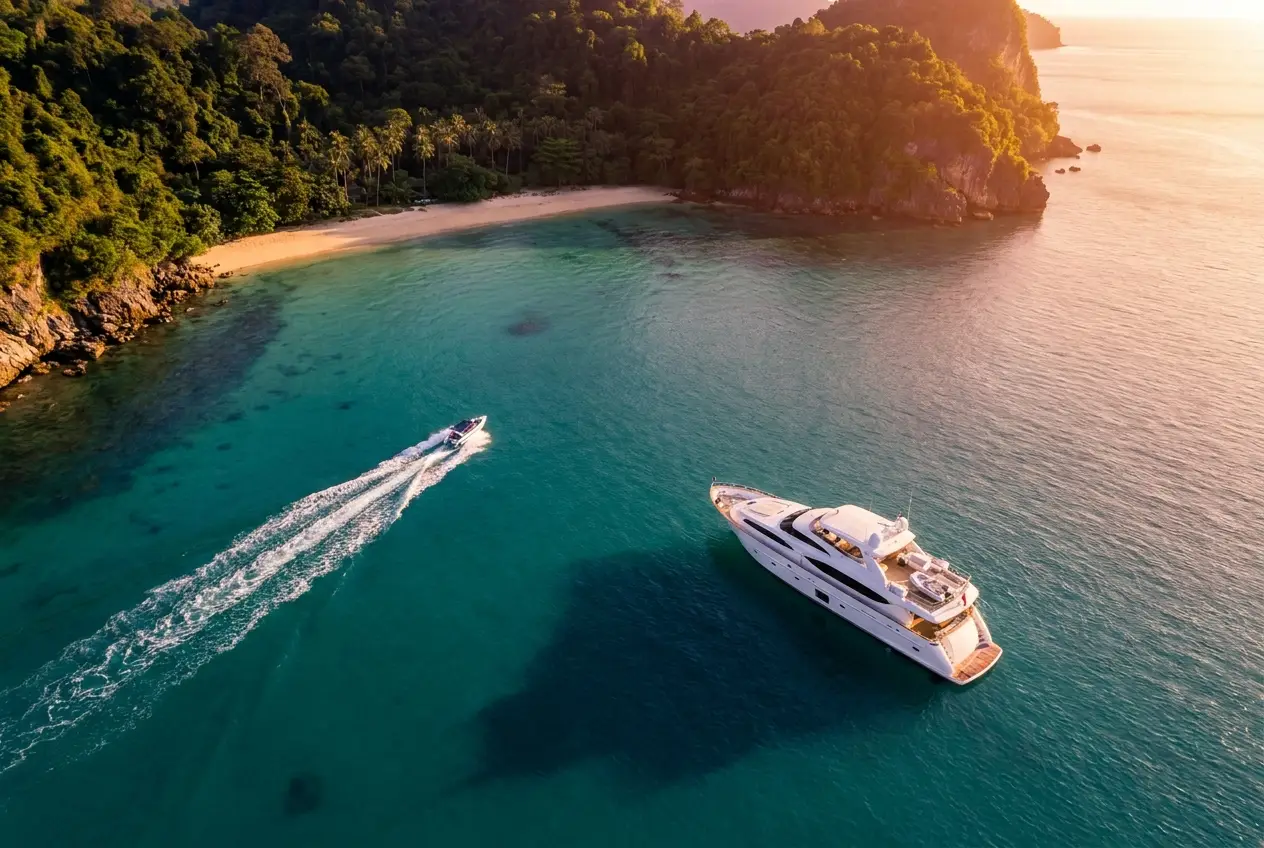 Vue aérienne d'un yacht à moteur au mouillage dans une baie à l'heure dorée près de Koh Samui