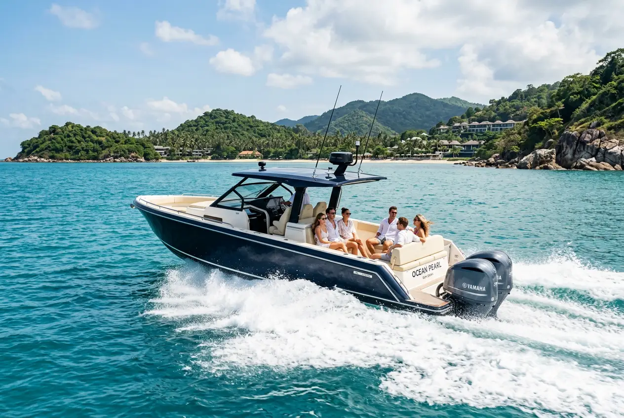 Modern private speedboat cruising across turquoise water off Koh Samui