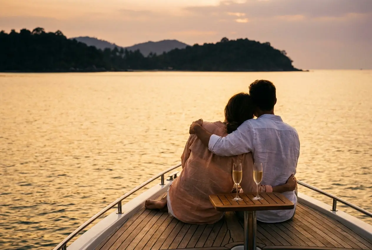 Couple en lune de miel devant le coucher de soleil à la proue d'un bateau privé près de Koh Samui