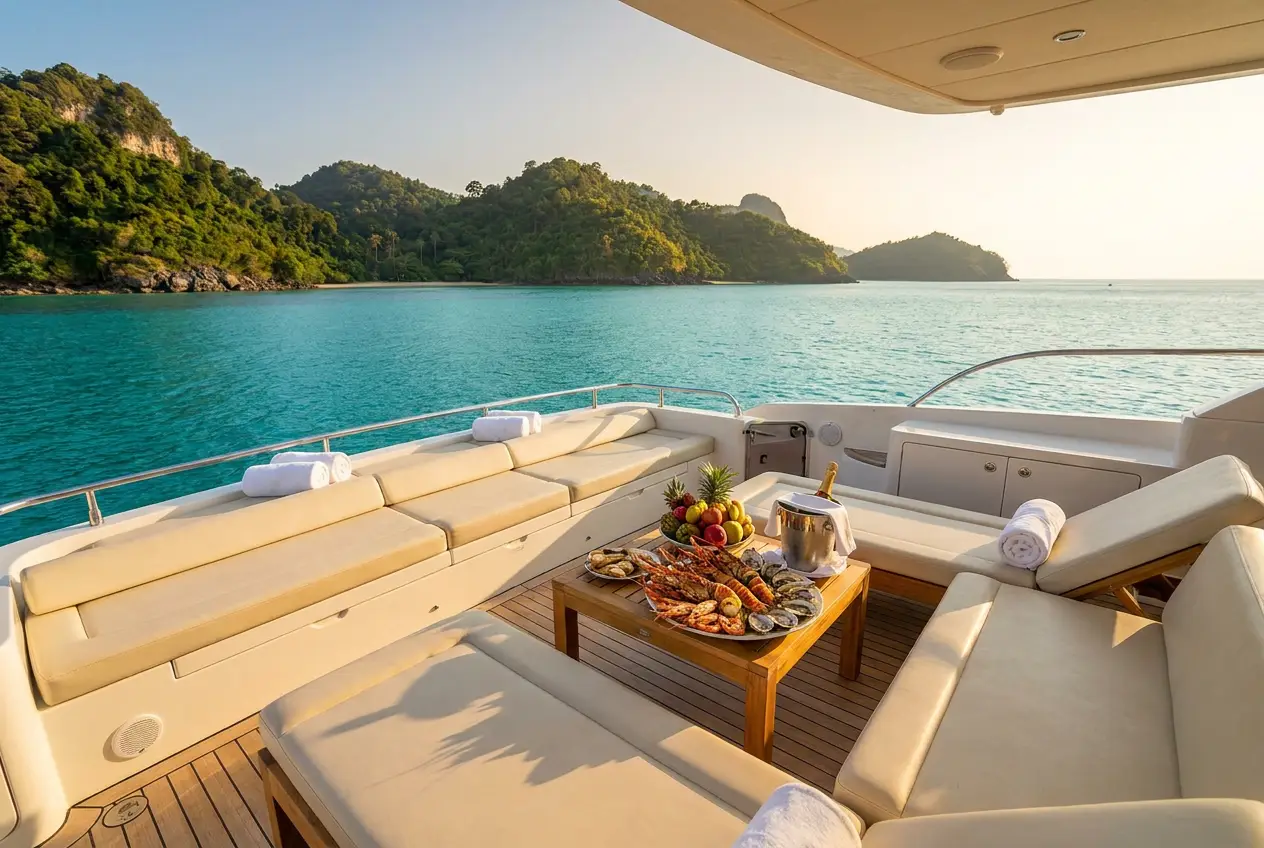 Sun deck of a private yacht set with seafood and champagne in a Koh Samui bay