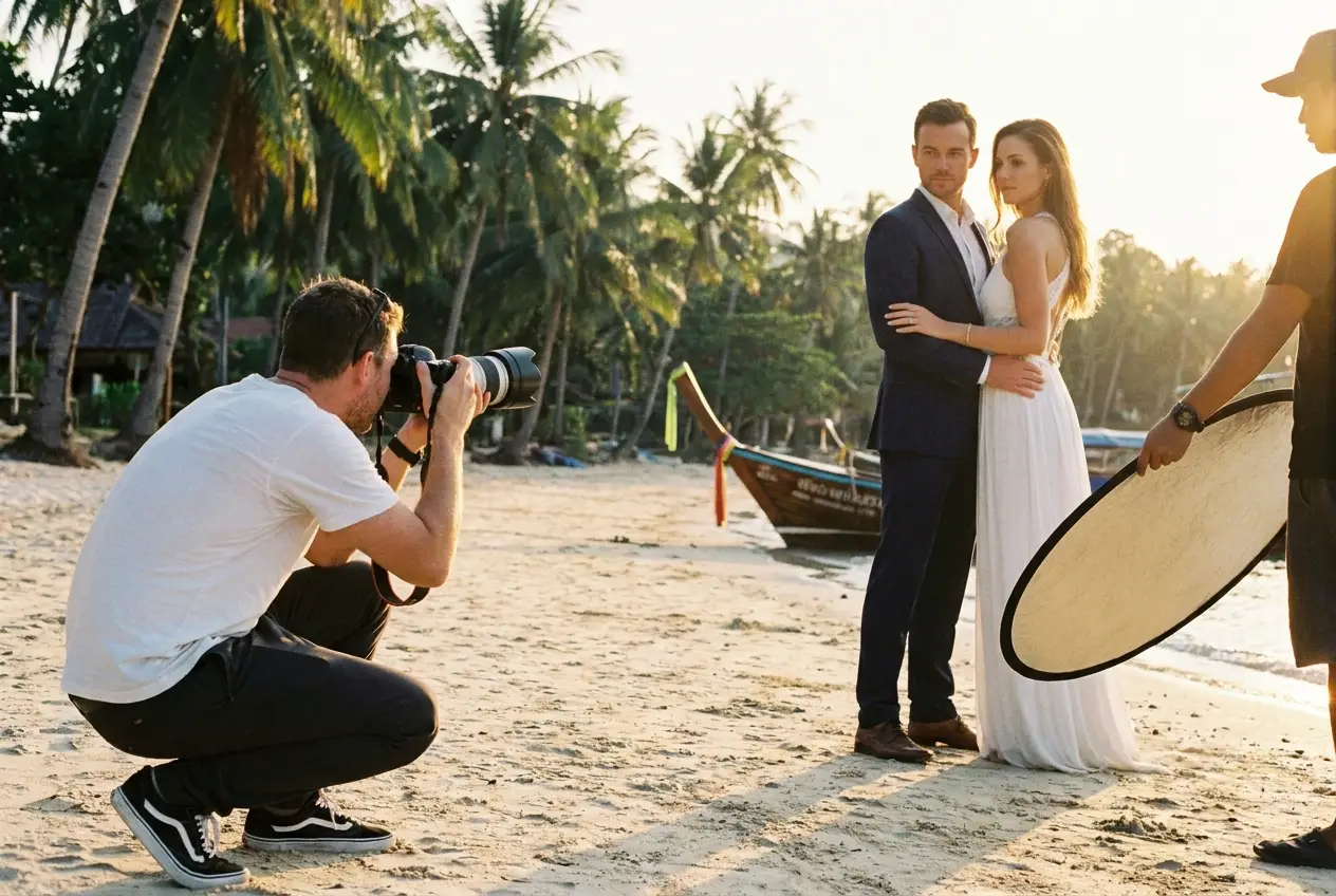 Photographe en train de shooter un couple sur une plage de Koh Samui à l'heure dorée