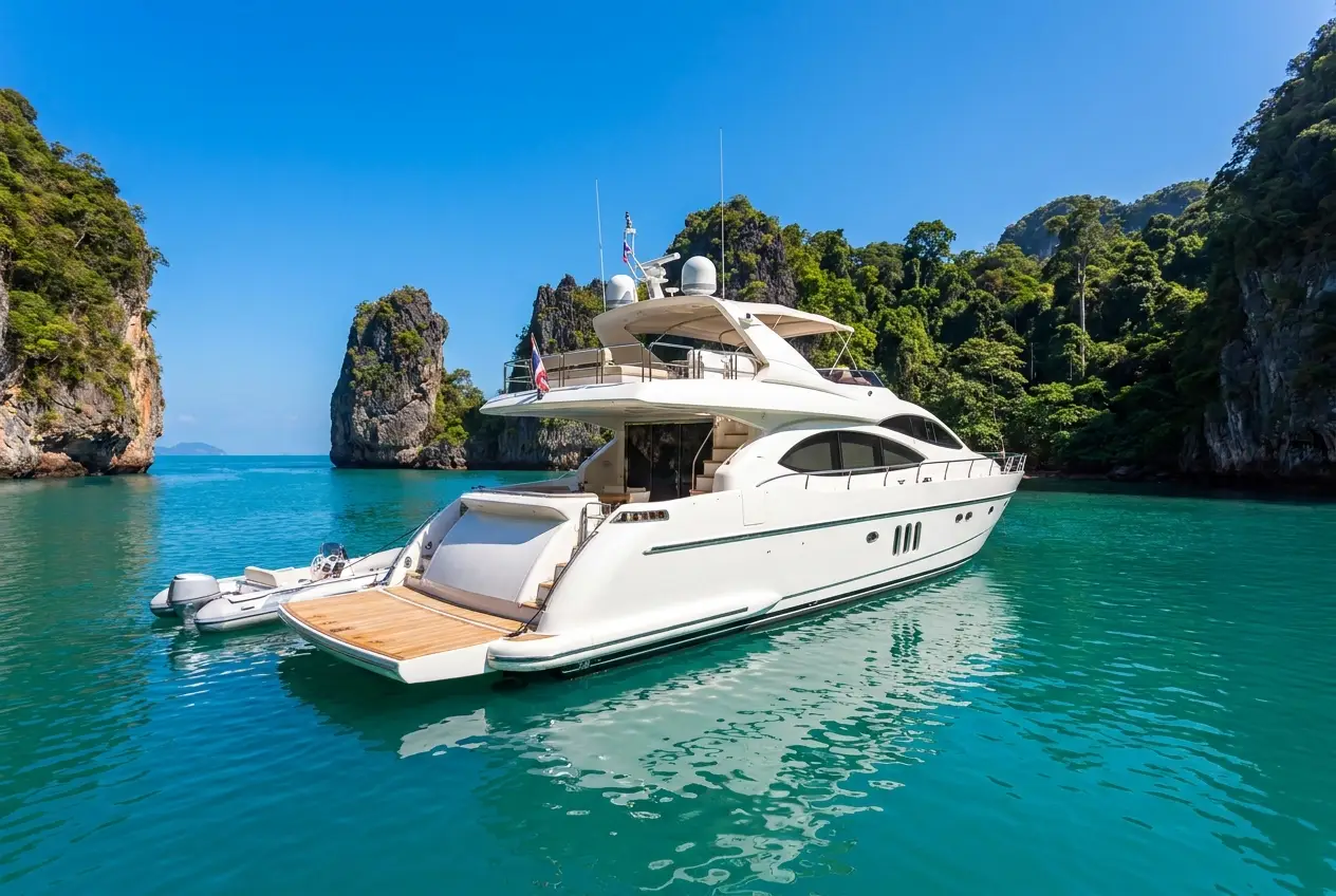 White luxury motor yacht anchored in a turquoise bay near Koh Samui