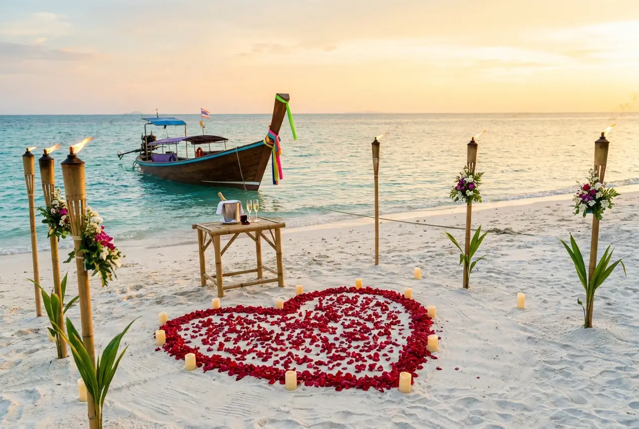 Décor de demande en mariage avec pétales de rose et torches en bambou sur une plage de Koh Samui