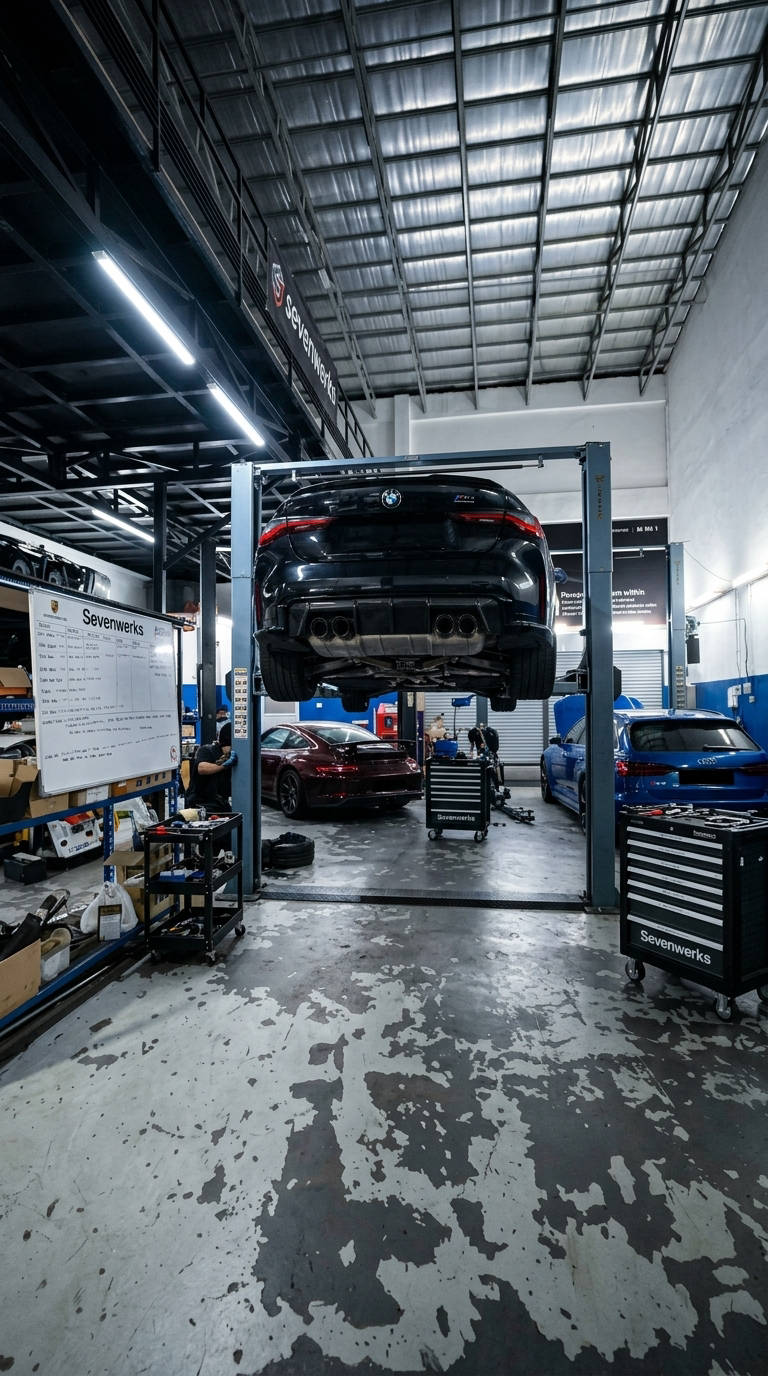 BMW M4 Competition on the lift at Sevenwerks Motorsport