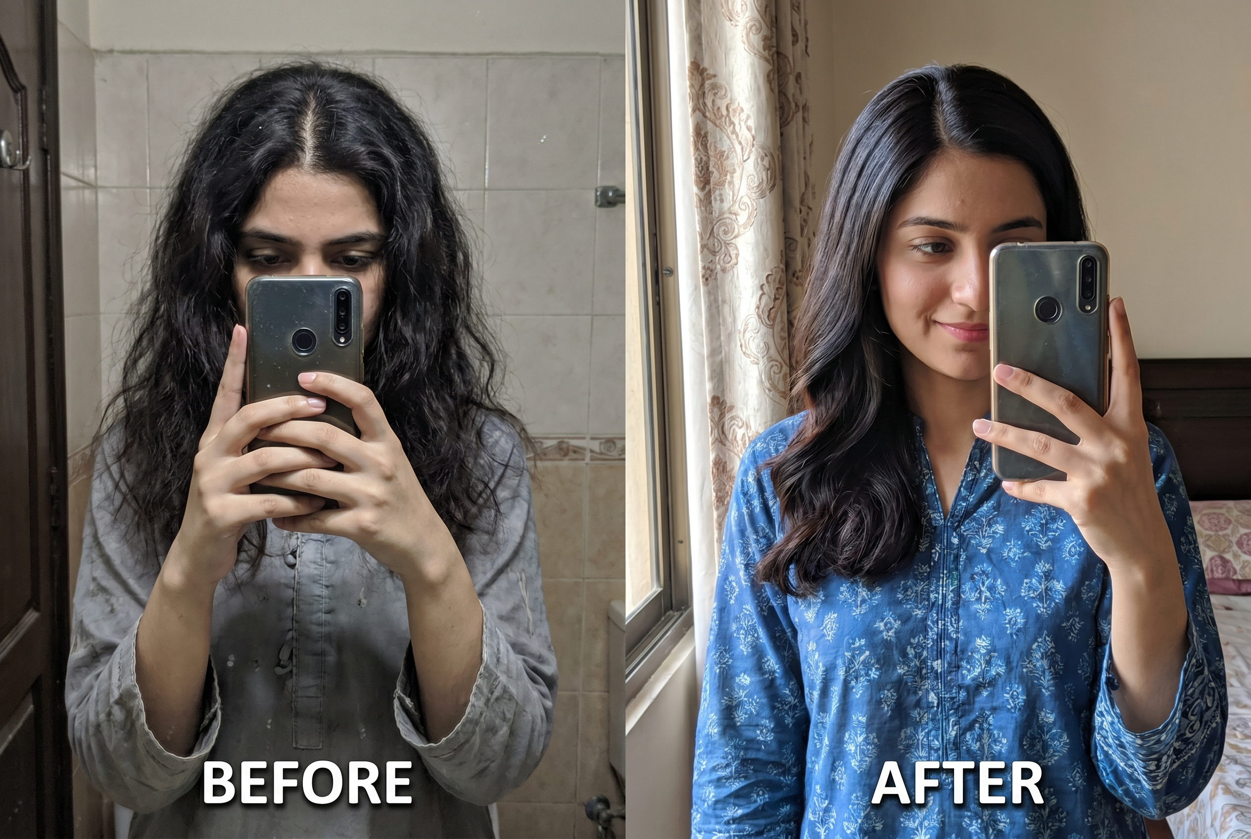 Hair before and after using Assoula rosemary hair oil