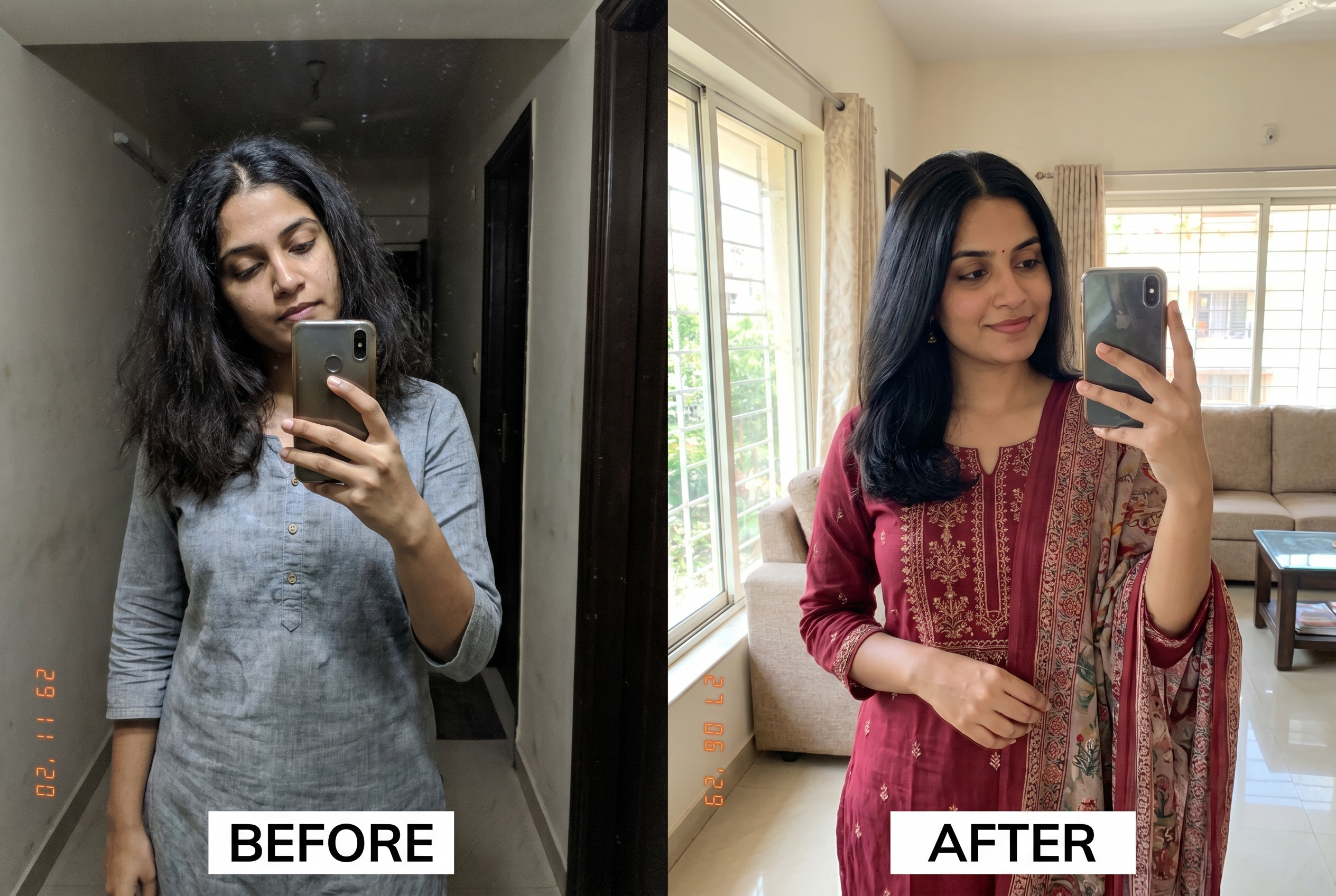 Hair before and after using Assoula rosemary hair oil