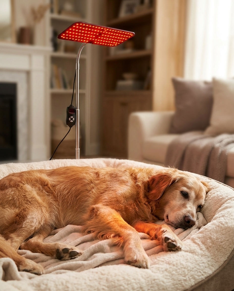 Senior dog resting under the Ember and Paw red light therapy lamp