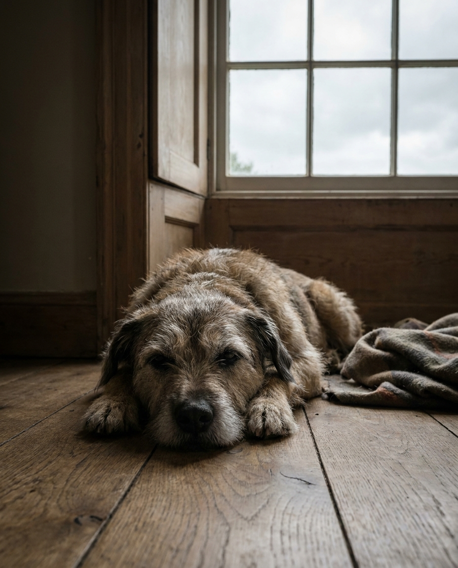 Older dog lying stiffly on the floor, looking tired