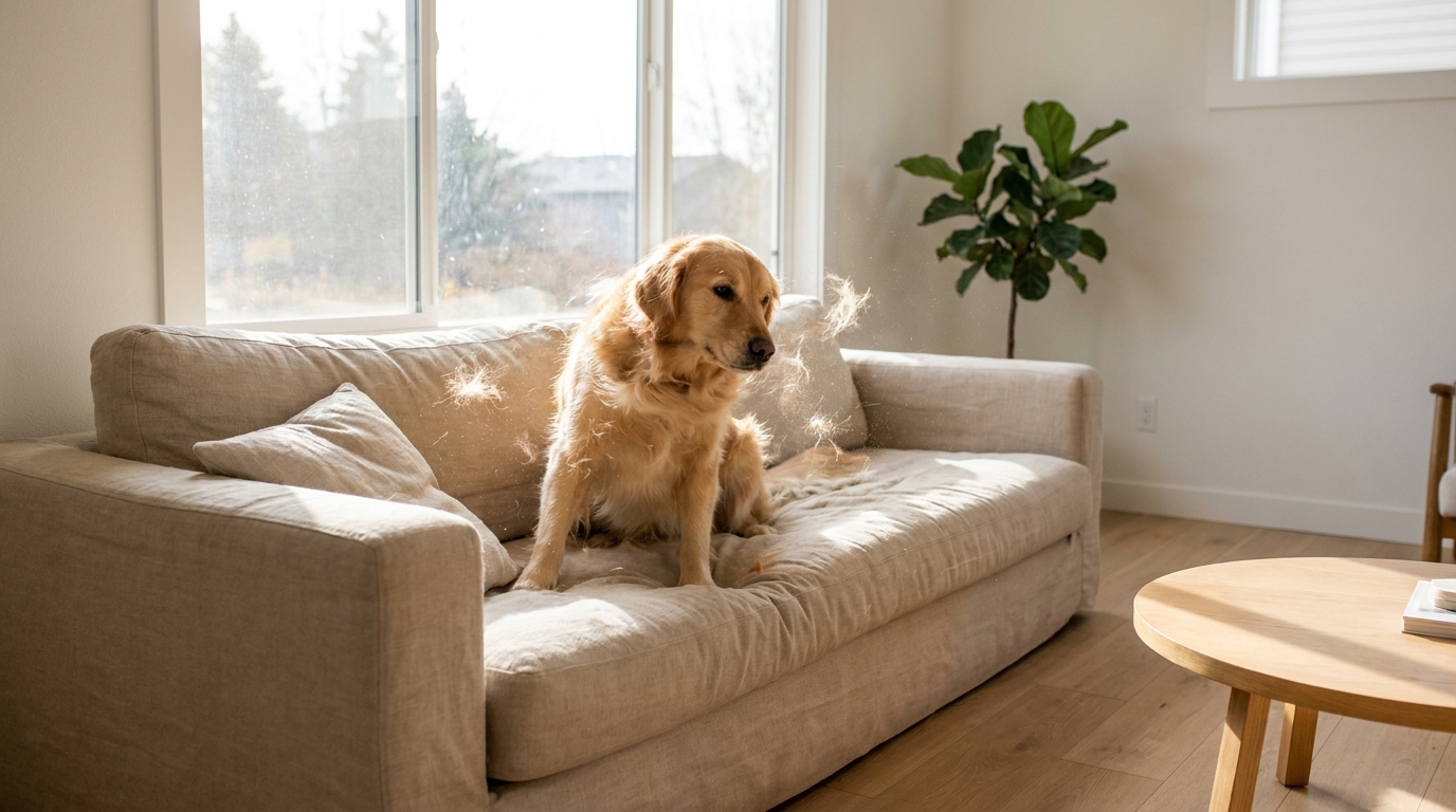 Golden retriever som fäller päls på en beige soffa i ett ljust skandinaviskt vardagsrum - Djurslottet