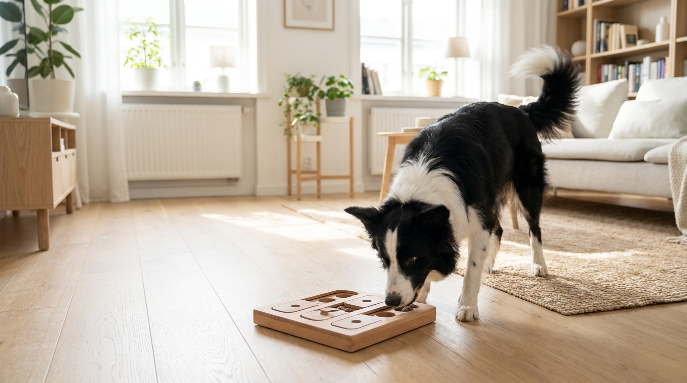 Border collie som aktiverar sig mentalt med en interaktiv hundleksak i ett ljust hem - Djurslottet
