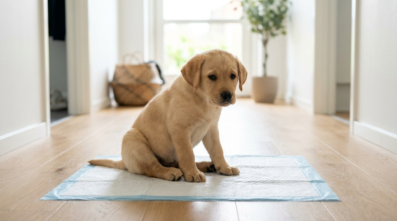 Liten labradorvalp på en valpmatta i en ljus hall under potträning - Djurslottet
