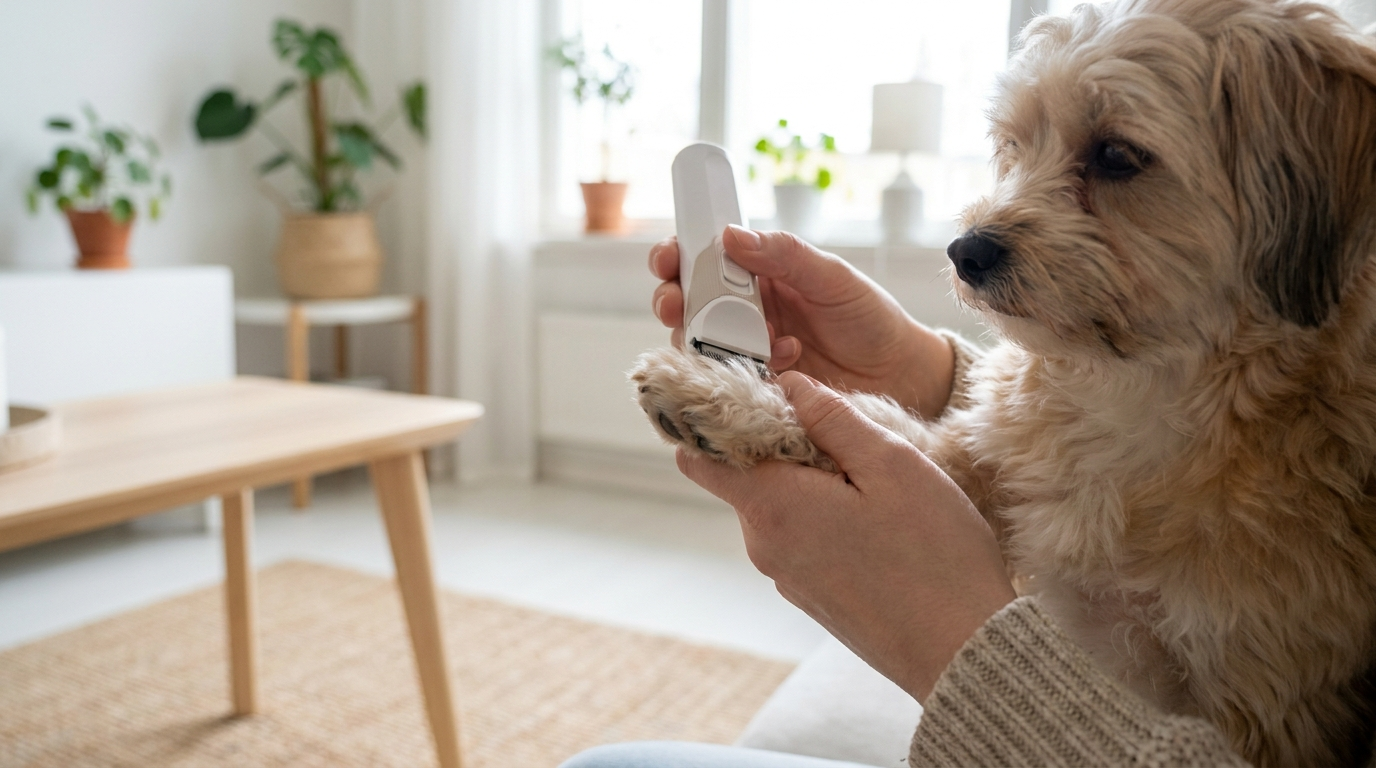 Närbild på lugn hund vars tassar trimmas med tyst eltrimmer i hemmiljö - Djurslottet