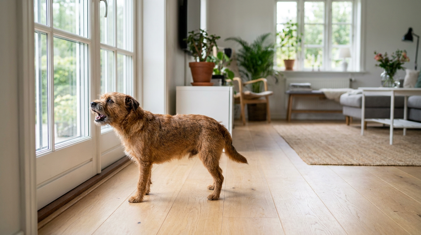 Liten hund som skäller vid fönstret i ett ljust skandinaviskt vardagsrum - Djurslottet