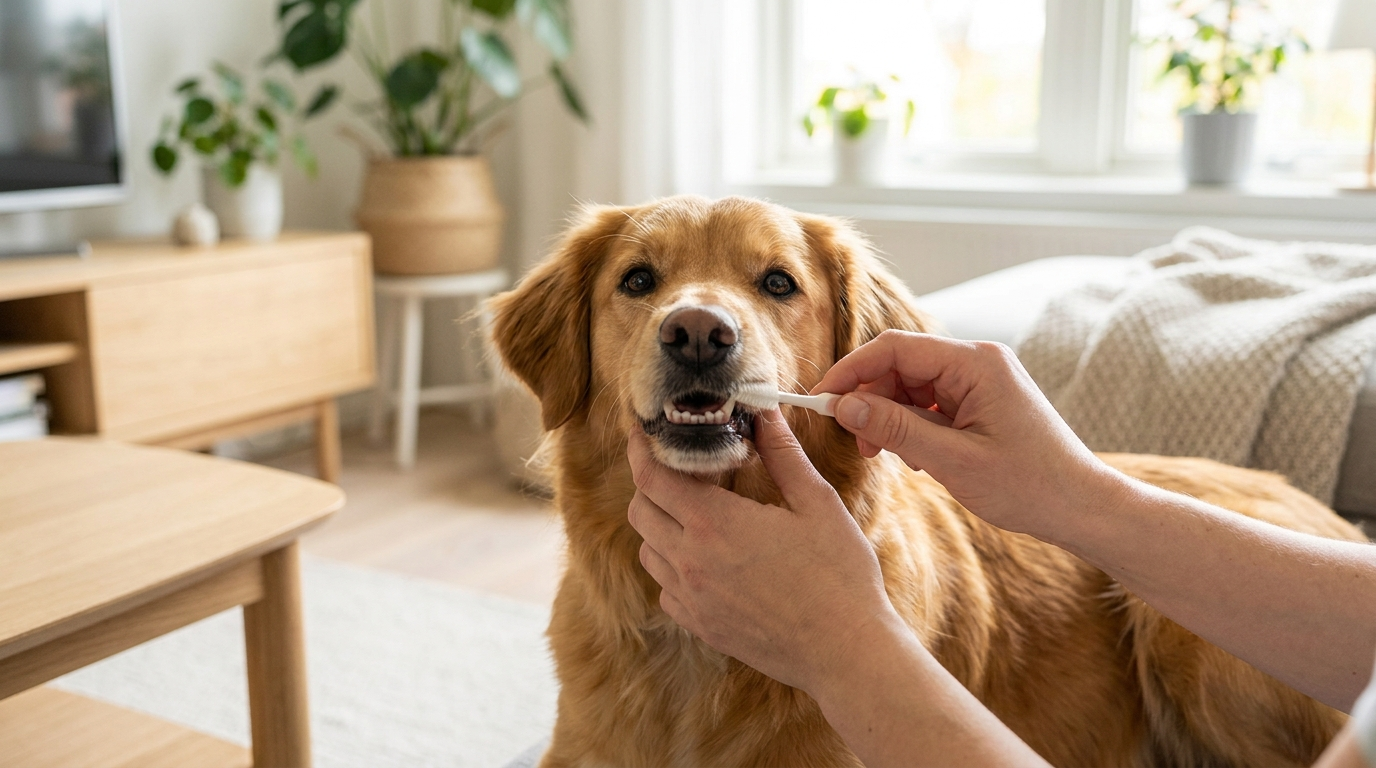 Händer som gör tandrengöring på en lugn hund med ett litet tandvårdsverktyg - Djurslottet