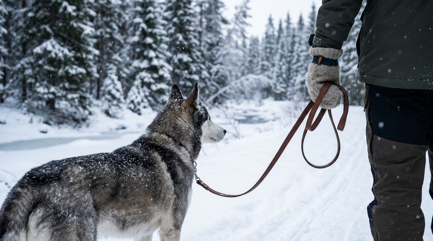 Hundägare med varma handskar på vinterpromenad i snö med hund - Djurslottet