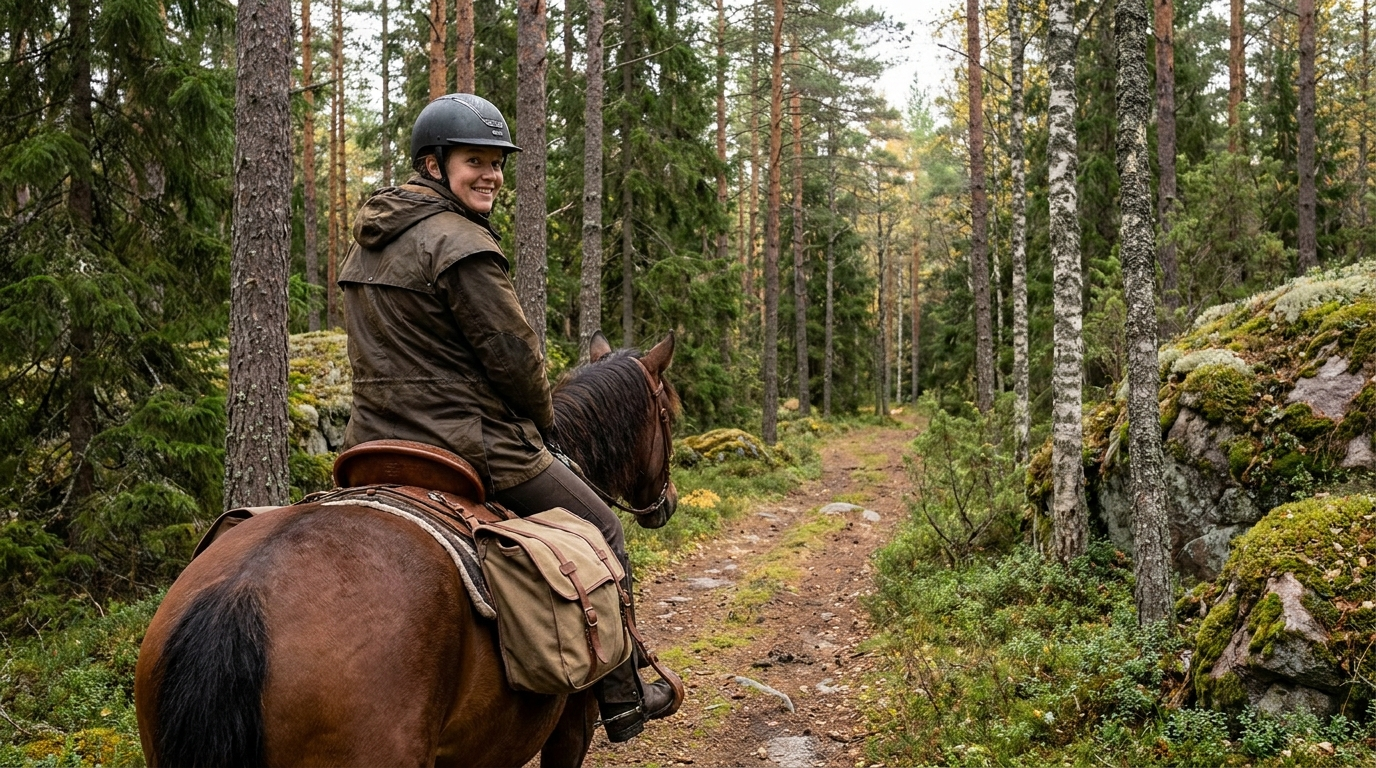 Ryttare på uteritt med dubbel sadelväska monterad på sadeln - Djurslottet