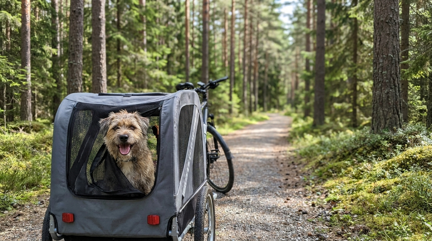 Glad hund sitter bekvämt i en grå cykelvagn på skogsväg - Djurslottet
