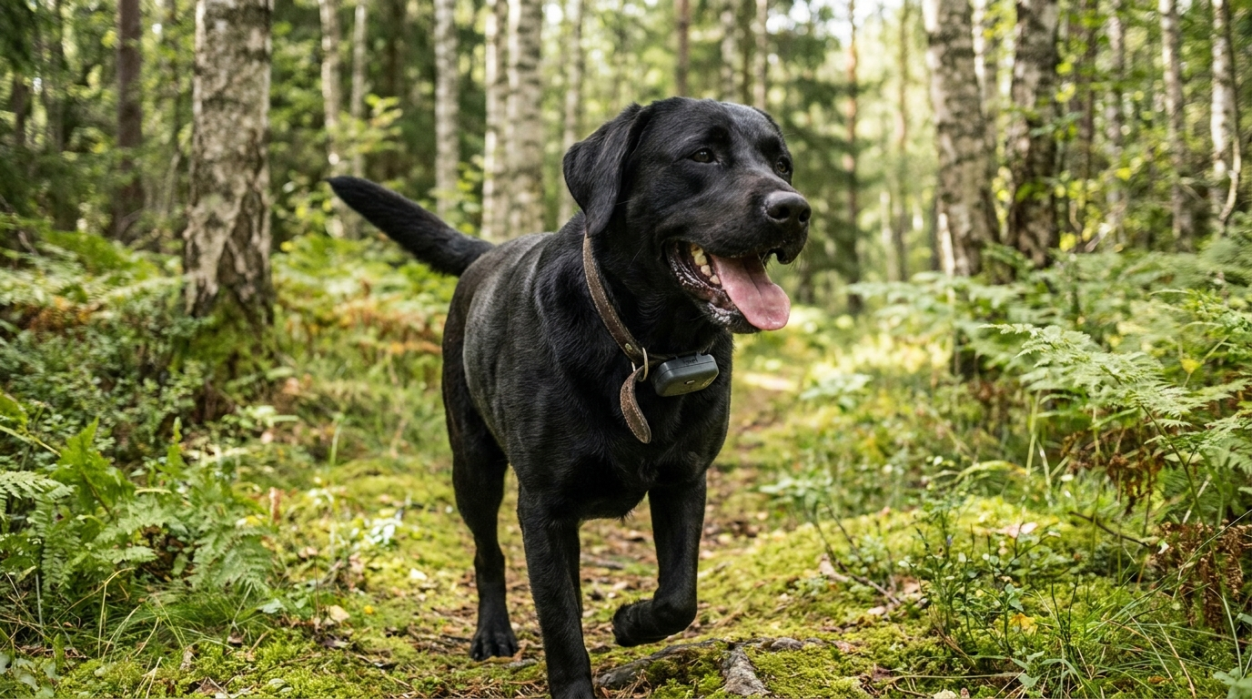 Hund med ultraljud fästingskydd på halsbandet i skogen - Djurslottet