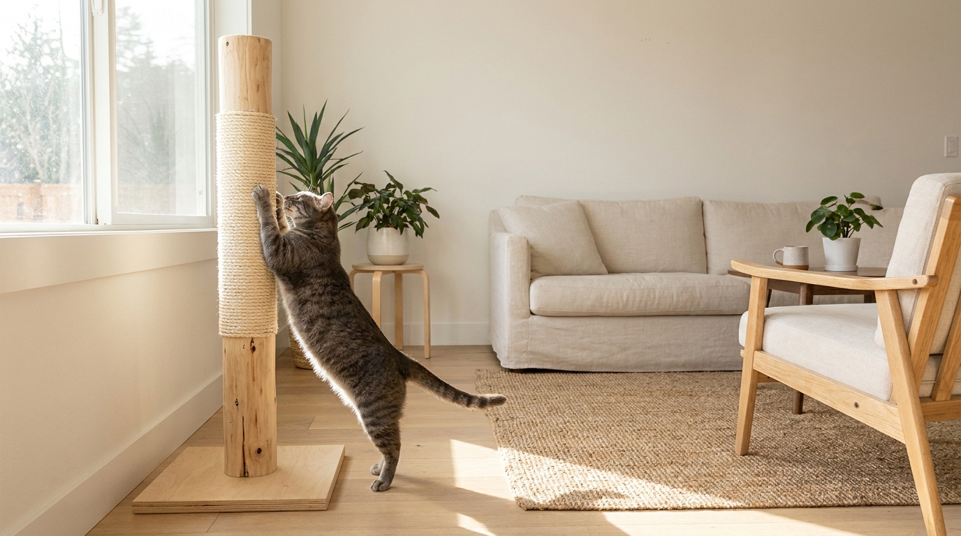 Grå tabby-katt sträcker upp sig på ett högt sisalklätt klösträd - Djurslottet