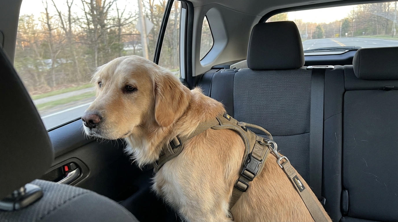 Hund med kropps-sele säkrad med säkerhetsbälte i baksätet - Djurslottet