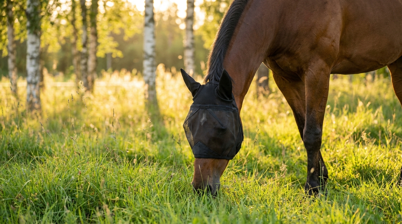 Brun häst med svart flughuva och öronskydd i sommarhage - Djurslottet