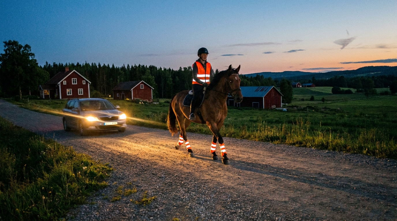 Häst med ljusa reflexer på benen i skymning på väg - Djurslottet