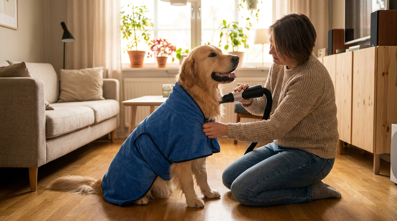 Person torkar en golden retriever med husdjurshårfön och badrock i mikrofiber - Djurslottet
