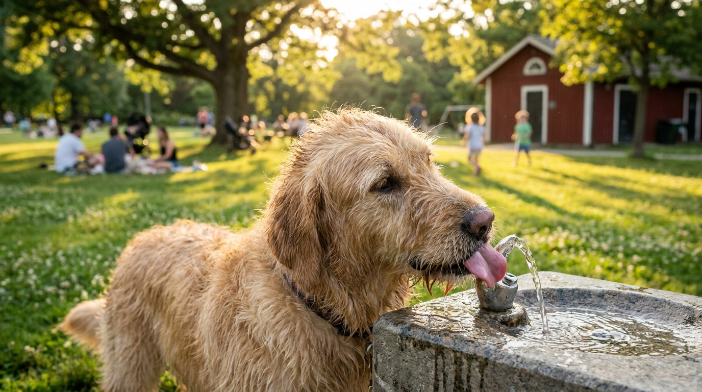 Glad hund dricker från en vattenfontän på en solig svensk gräsmatta på sommaren - Djurslottet