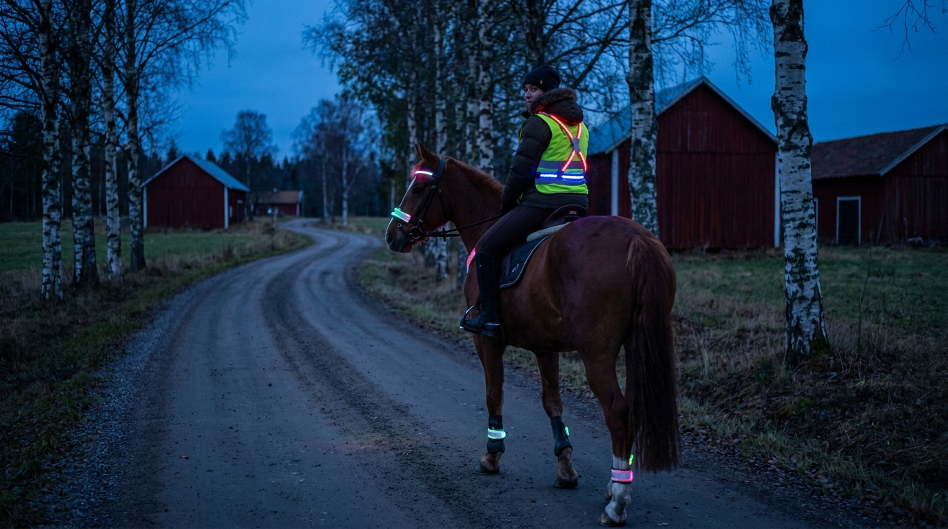 Brun häst och ryttare med LED-reflexer rider på lantlig väg i skymning - Djurslottet