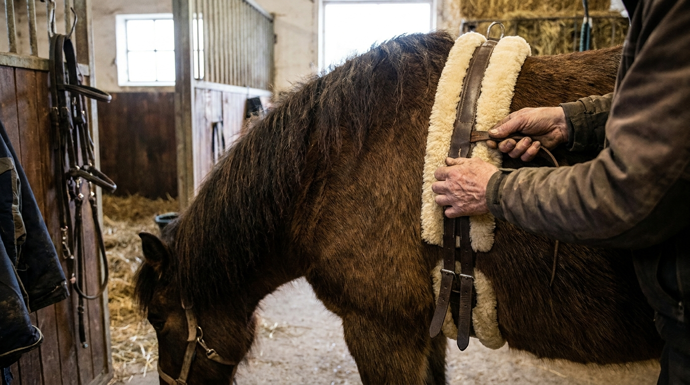 Brun häst sadlas med fodrad fleecesadelgjord medan händer drar åt spännena - Djurslottet