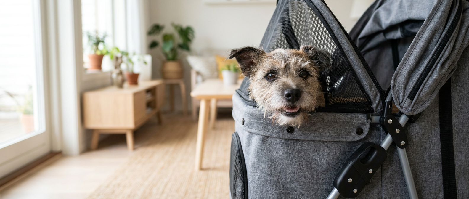 Äldre liten hund tittar nyfiket ut genom nätfönstret på en hopfällbar hundvagn i ett ljust vardagsrum - Djurslottet