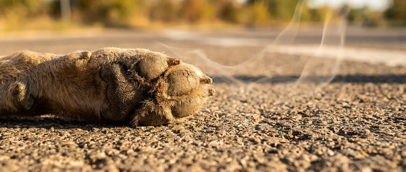 Hundtass på het asfalt med värmedaller en solig sommardag - Djurslottet