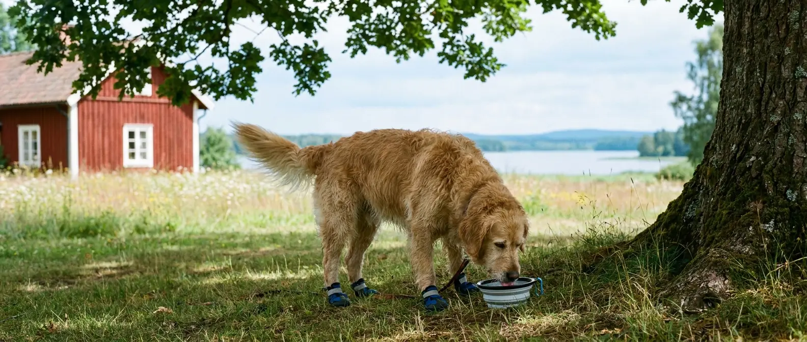 Hund med sommarskor vilar i skuggan och dricker vatten - Djurslottet